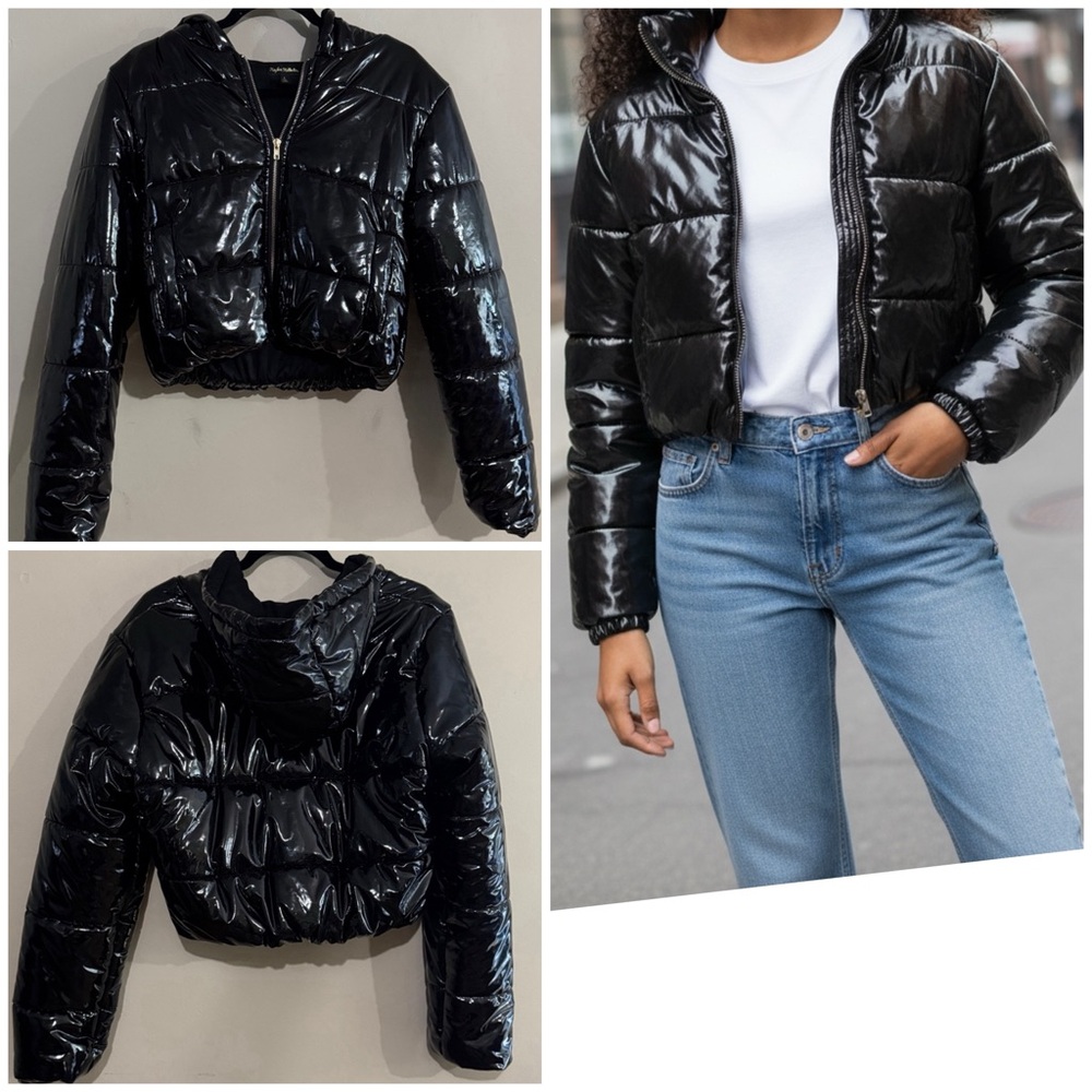Kaylee Kollection Glossy Crop Jacket Black Size Large Streetwear
